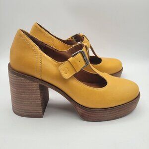 RARE Lucky Brand Ominie Platform 4" Heel Women's 8.5 Leather Mustard Buckle NEW